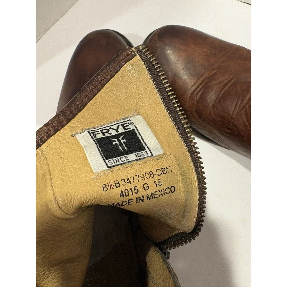 FRYE MELISSA BUTTON SHORT ZIP LEATHER BOOTS COGNAC BROWN EUC SIZE 8.5